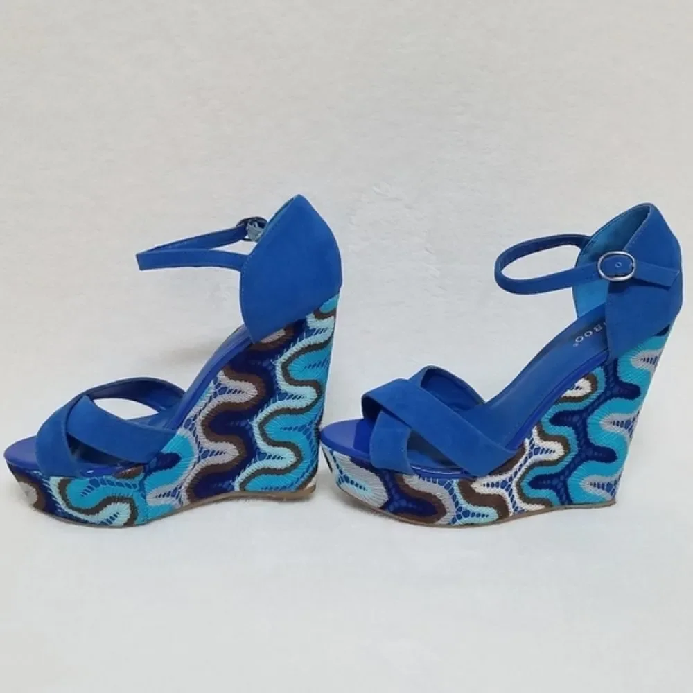 𝅺BAMBOO Eliza Blue Crochet Boho Platform Wedges